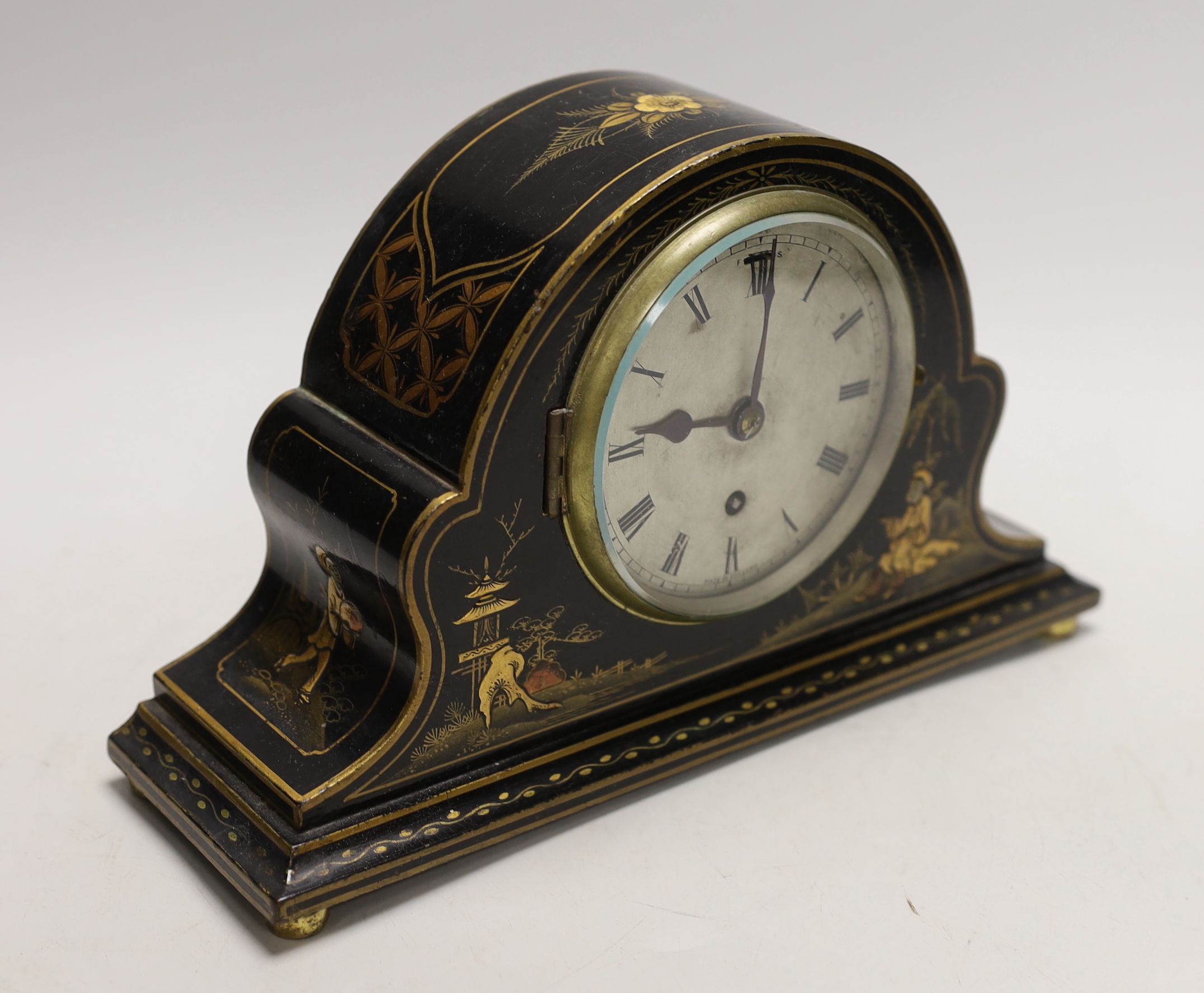 A black chinoiserie japanned mantel clock, 28cm wide